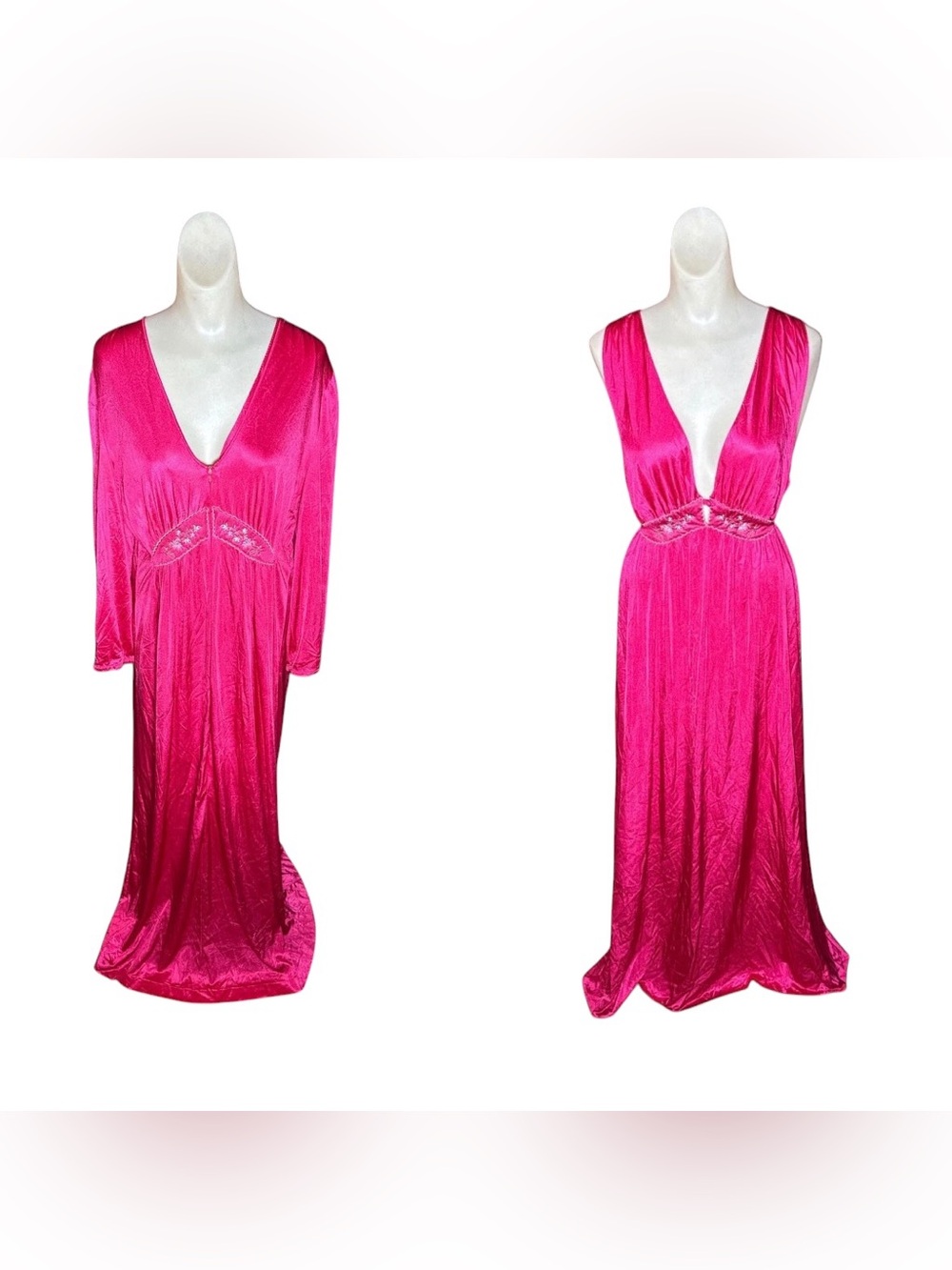 Vintage 1970s Lorraine Hot Pink Embroidered Peignoir Robe & Nightgown Set Large